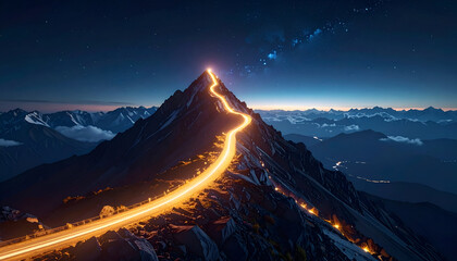 Fototapeta premium Virtual data terrain with illuminated route to summit, symbolizing vision, perseverance, and technological advancement.