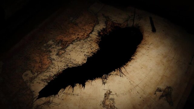 古い地図の上に墨の汚れが広がり戦火を表す映像