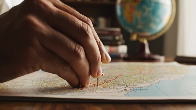 Person using a red pushpin to mark a location on a detailed map, travel planning and adventure concept