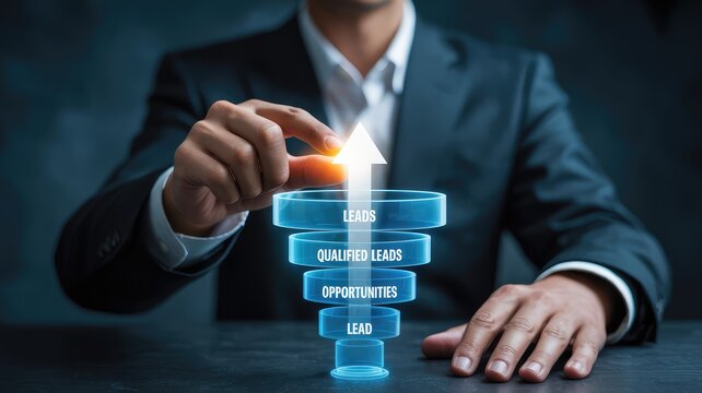 Businessman managing a glowing blue digital sales funnel illustrating lead conversion progression