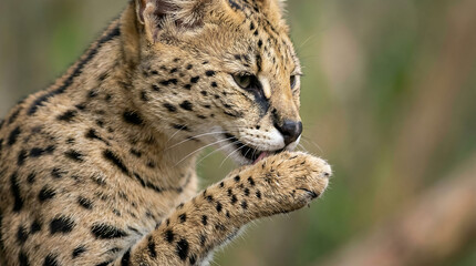 Serval cat carefully grooming its paw with a focused expression in its natural habitat