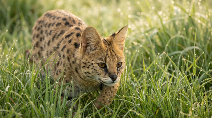 Obraz premium Serval Cat Stalking Through Dew-Kissed Grass in Morning Sunlight