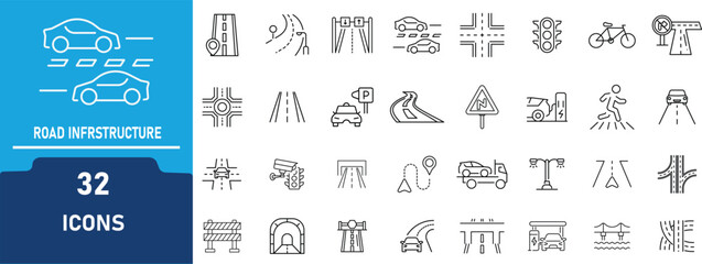 Road & Traffic System Line Icon Set .Contains to related icons  Highway, Navigation, Junction, Direction, Transport and more .Editable Stroke Vector Outline Collection © PixiLine
