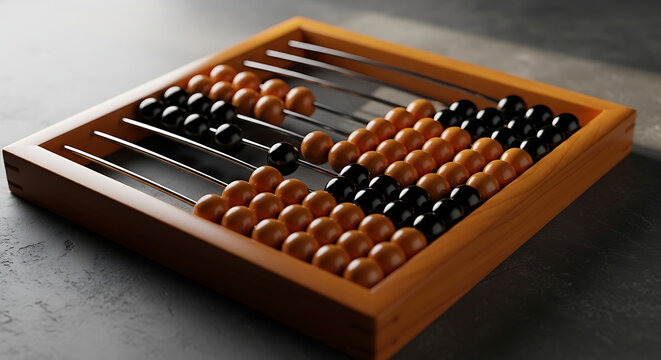 An ancient wooden abacus with brown and black beads on a gray surface viewed from above with subtle lighting