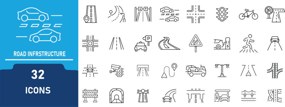Road & Traffic System Line Icon Set .Contains to related icons  Highway, Navigation, Junction, Direction, Transport and more .Editable Stroke Vector Outline Collection