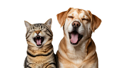 Obraz premium A delightful side by side portrait of a cheerful brown tabby cat and a happy golden yellow Labrador Retriever dog with open mouths and closed eyes playfully caught in a moment of p