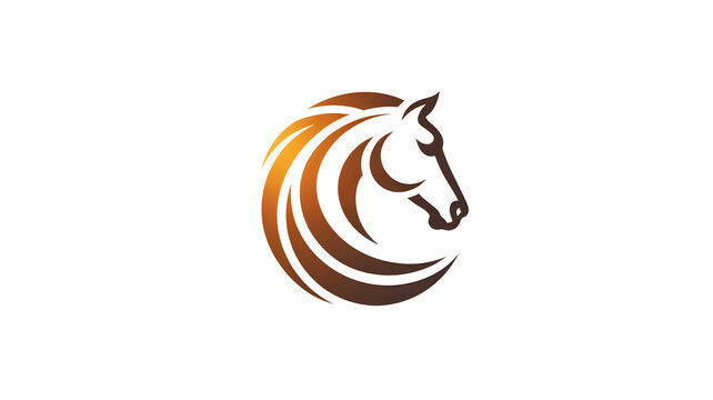 Dynamic artistic horse head logo illustration with flowing mane in warm orange and brown gradient colors embodying strength speed and elegance isolated on transparent background