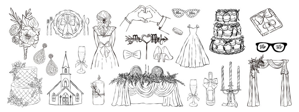Wedding ink elements collection. Hand drawn marriage icons. Wedding table, arch, cake, champagne. Vector wedding illustrations for invitations, greeting cards.