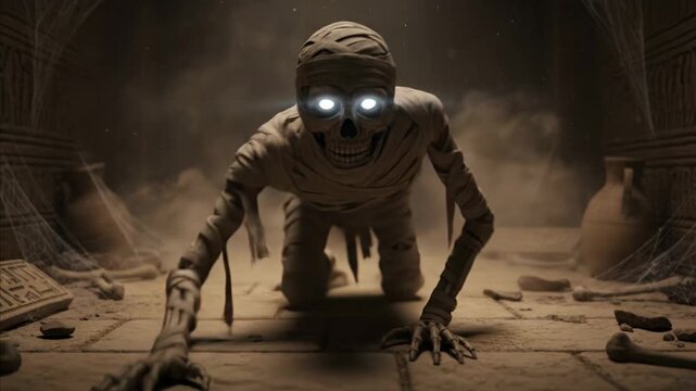 Scary Mummy Crawling Forward in Dusty Tomb with Glowing Eyes