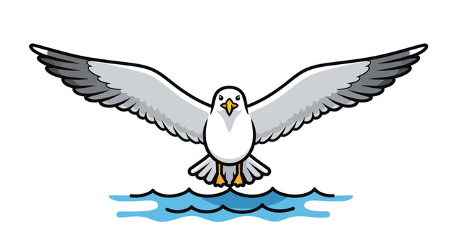 Seagull Flying Over Blue Waves Vector Illustration