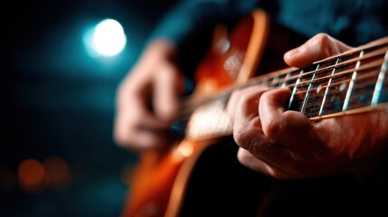 Obraz premium A vibrant close-up of hands strumming a guitar, capturing the emotional connection and energy of music creation, ideal for themes of passion, artistry, and musical expression.