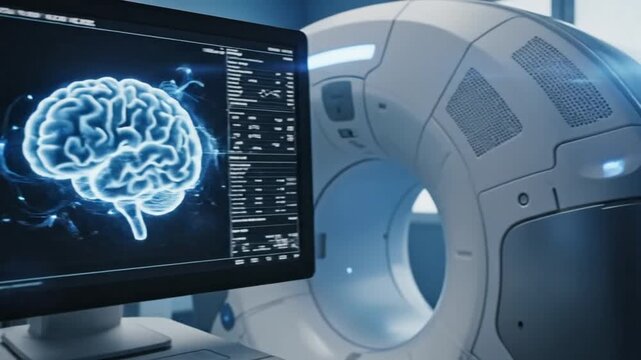 Medical imaging technology showcasing an MRI scanner, a computer display with brain scans, and control panels in a diagnostic clinic