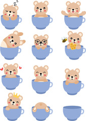 Adorable Kawaii Teddy Bears In Blue Teacups Collection