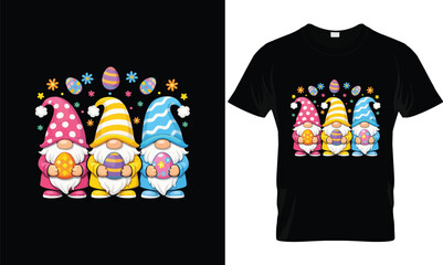 Cute Easter Gnome T-Shirt Design   Colorful gnomes holding decorated eggs cartoon tshirt vector illustration logo for family and kids apparel, playful cute typography Easter holiday graphic t-shirt © Shati