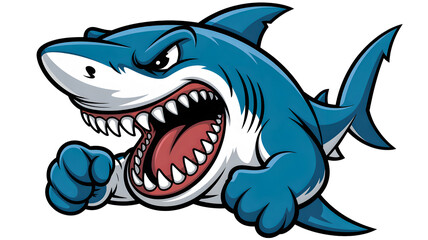 A powerful aggressive blue shark cartoon mascot illustration with sharp teeth wide open displaying a fierce and menacing expression ideal for sports branding isolated on transparen