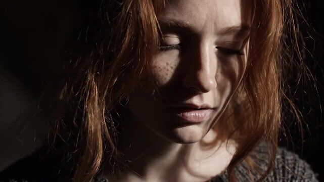 Woman shown in closeup with head down, depression obvious in lowered face, heavy expression, somber light. Depression shines through her pose, feeling of depression repeating in details
