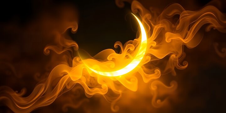 A bright glowing crescent moon engulfed in vibrant orange flames with a dark background