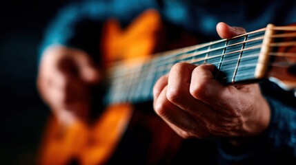 Obraz premium In this artistic close-up, hands skillfully strum an acoustic guitar, creating a sense of connection through music, highlighting the passion that musicians share in their art form.