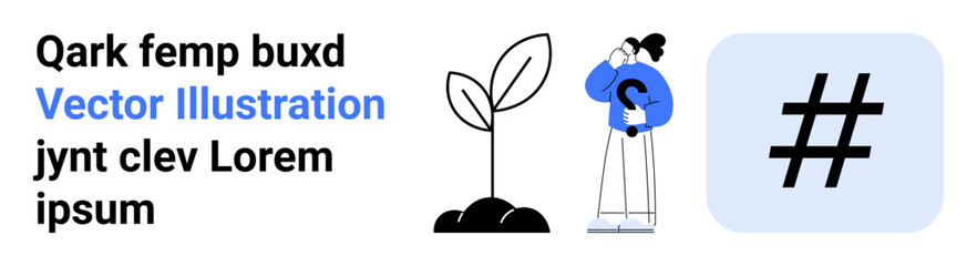 Fototapeta premium Woman holding watering can next to sprouting plant and metadata tag icon. Ideal for growth, sustainability, social media, creativity, environmental care, innovation, simple landing page