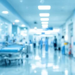 Blurred hospital hallway with medical staff and equipment in motion