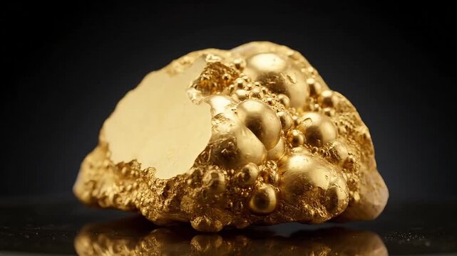 Rough gold nugget on dark reflective surface