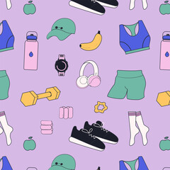 Sport equipments seamless pattern. Workout accessory, yoga mat, sportswear, tennis racket and bag. Hand drawn vector pattern.
