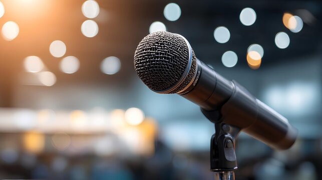 Stage Presence: A captivating close-up of a microphone, radiating anticipation against a blurred backdrop of a waiting audience, illuminated by ambient light.