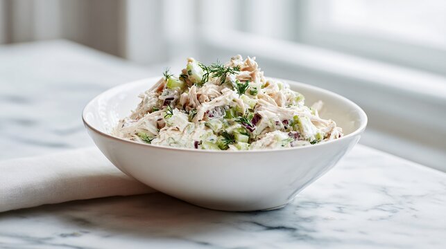 Classic chicken salad with shredded chicken, celery, and herbs, served in a white ceramic bowl on light marble surface, soft natural window light, minimalist clean food styling