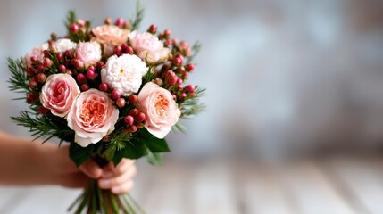 This image captures a hand holding a stunning bouquet of pink roses and berries, symbolizing love, appreciation, and the beauty of nature in a soft and elegant presentation.