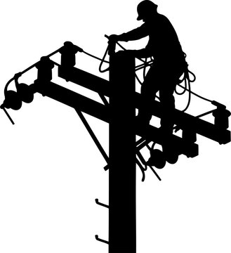 Electrical lineman working on utility pole silhouette at height