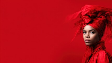 A stunning portrait of a woman adorned in vibrant red fabric, showcasing intricate styling and an artistic expression that captivates viewers with its bold colors and emotions.