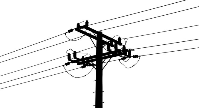High angle utility pole silhouette with complex wiring and transformers