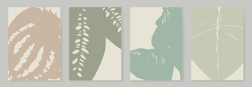 Abstract botanical wall art vector set with beige, sage, mint and brown leaf silhouettes on cream background. Minimal decor prints for living room, bedroom, office and gallery.