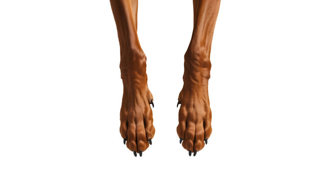 Detailed view of two elegant brown dog paws hanging relaxed downwards showcasing the strong claws and smooth fur under soft studio lighting isolated on transparent background