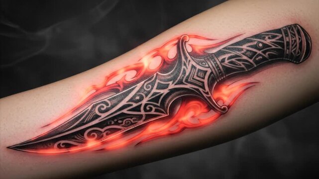Fiery Tribal Knife Tattoo on Arm, Dynamic Design, Artistic Ink, Body Art
