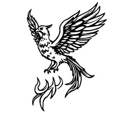 Obraz premium Phoenix rising from flames in detailed woodcut style illustration, high contrast black ink on white background, mythical aesthetic for art projects