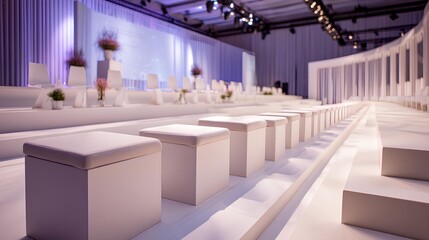 Elegant Event Venue: A sophisticated and modern event venue, bathed in soft, ethereal lighting, showcasing a minimalist design with rows of pristine seating and a central stage.