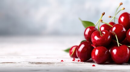 A mouthwatering pile of ripe red cherries rests on a weathered wooden surface, showcasing their glossy sheen and vibrant colors for a refreshing summer feel.