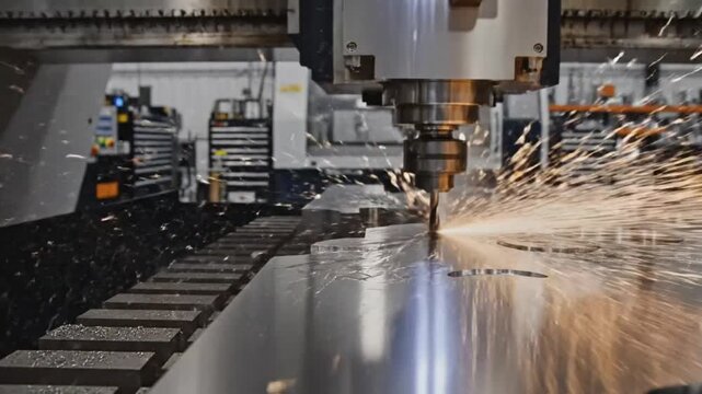 Metal Milling Machine Cutting a Precision Metal Shape Creating Sparks in a Manufacturing Process