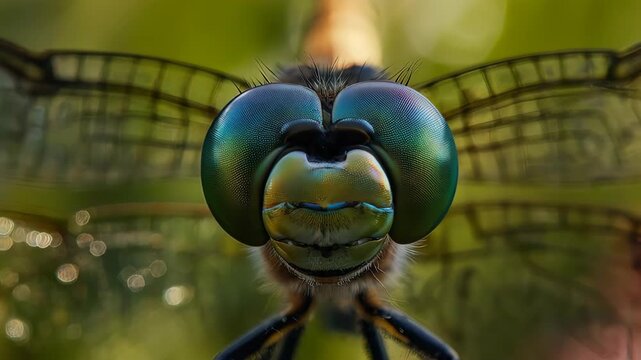 Close up of a dragonfly with detailed eyes and wings