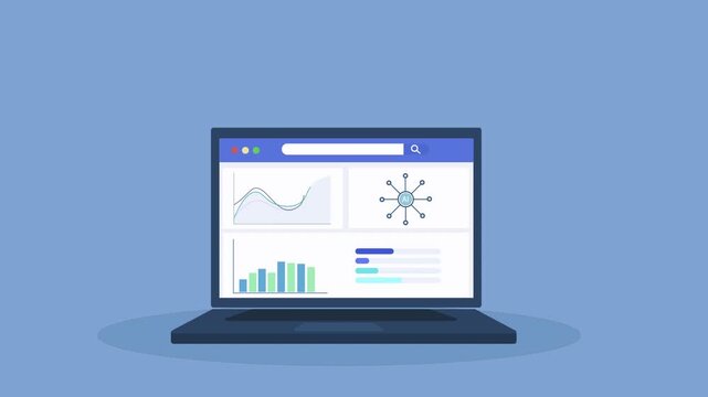 Animated laptop displaying system settings dashboard interface with charts and gear icon, representing configuration control, software management, and digital system setup.
