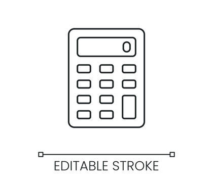 Calculator line icon for business accounting finance math education and electronic office tool equipment. Line with editable stroke single symbol. Thin linear style sign. Outline vector illustration
