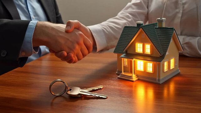 Handshake over house model and keys
