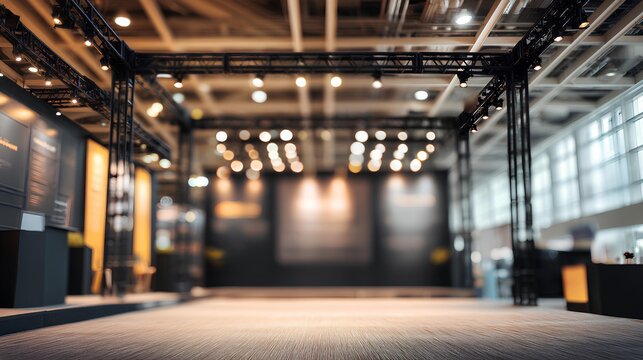 Event Venue's Blur: A soft focus image of an event space, illuminated by various spotlights. The stage set is composed with dark lighting rigs that contrast the architecture.