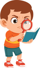 Flat cartoon boy holding a magnifying glass and book with a focused expression. Ideal for learning themes, research concepts, kids education materials, posters, and character design use.