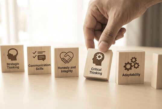 Hand placing wooden block labeled critical thinking among blocks with skills and values