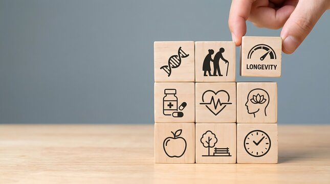 Hand placing wooden block labeled longevity among other health-related symbols on wooden surface