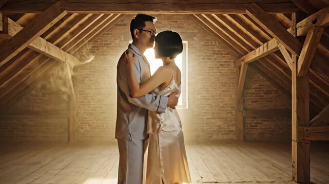 Asian couple dancing slowly in attic of old house, warm sun rays illuminating dust particles, romantic intimate moment of two lovers