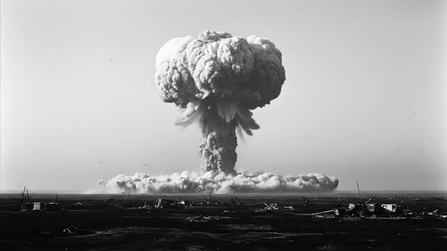 Massive Mushroom Cloud Explosion Over Ruined Landscape, Black and White
