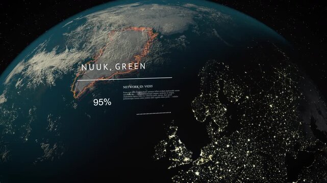 Dubai to Nuuk, Greenland HUD Earth flight path Globe Planet connecting country Dubai airport network. Rotating Earth. Day Night City light out of space 3d Animation